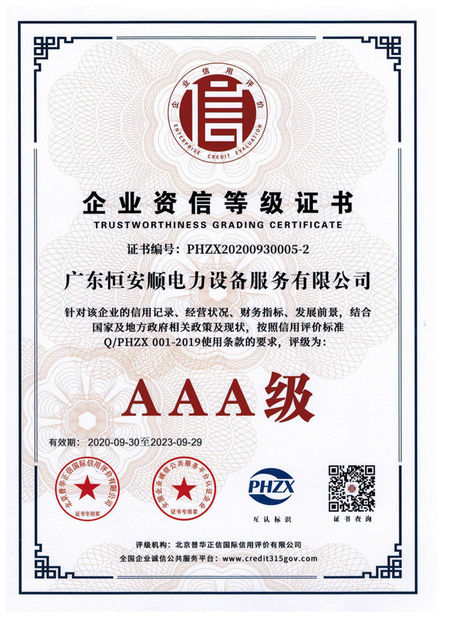 Chiny GuangDong Heng AnShun Electrical Power Equipment Service Co., Ltd. Certyfikaty