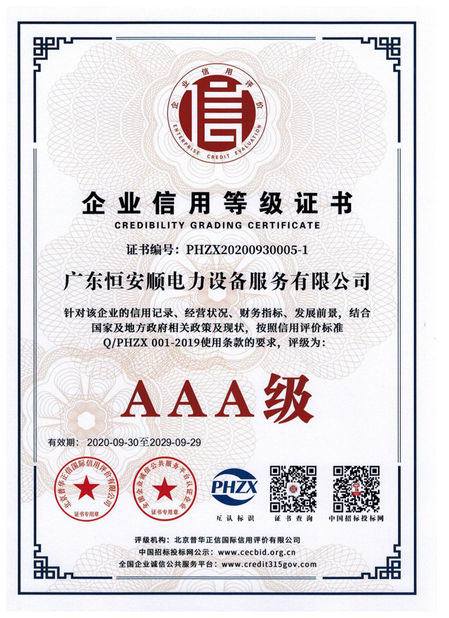 Chiny GuangDong Heng AnShun Electrical Power Equipment Service Co., Ltd. Certyfikaty